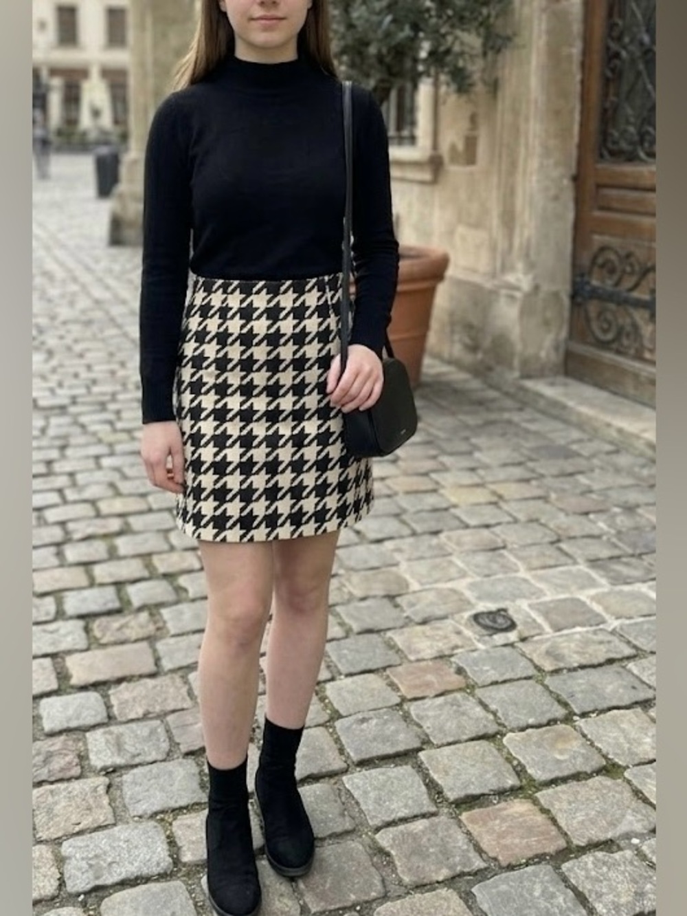 NWT Stitch & Pine Houndstooth Mini Skirt Black White Front Slit Size L